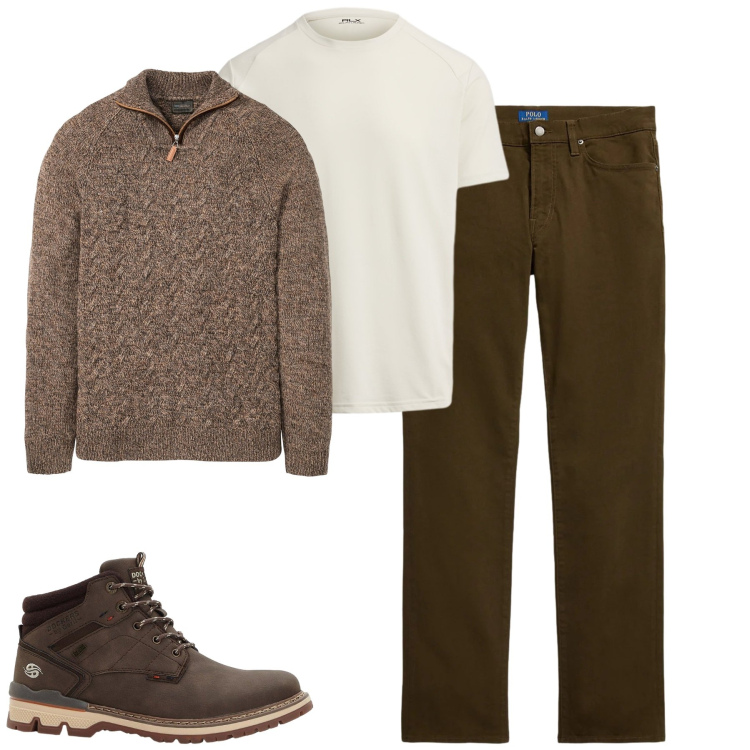 Outfit uomo - Gennaio. Stile Casual per Tutti i giorni. Abbinamento con maglieria, stivali e stivaletti, t-shirt, pantaloni.