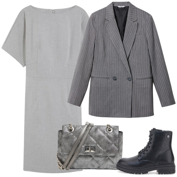Outfit donna - Il vestito grigio. Stile Rock per Scuola/Università. Abbinamento con vestiti a tubino, blazer, borse a tracolla, anfibi.