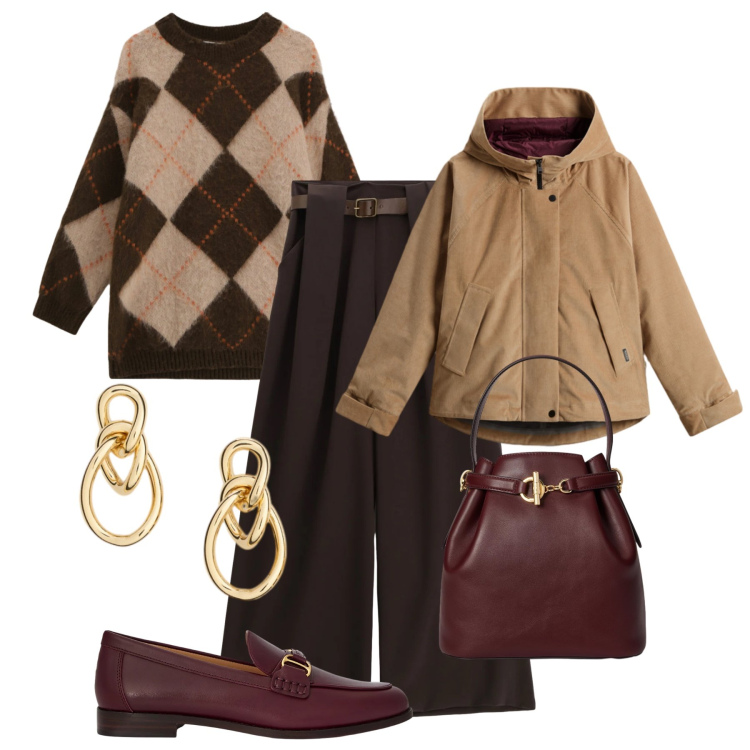 Outfit donna - Il maglione a rombi. Stile Casual chic per Tutti i giorni. Abbinamento con pantaloni a palazzo, maglieria, mocassini, orecchini, borse a secchiello, blazer.