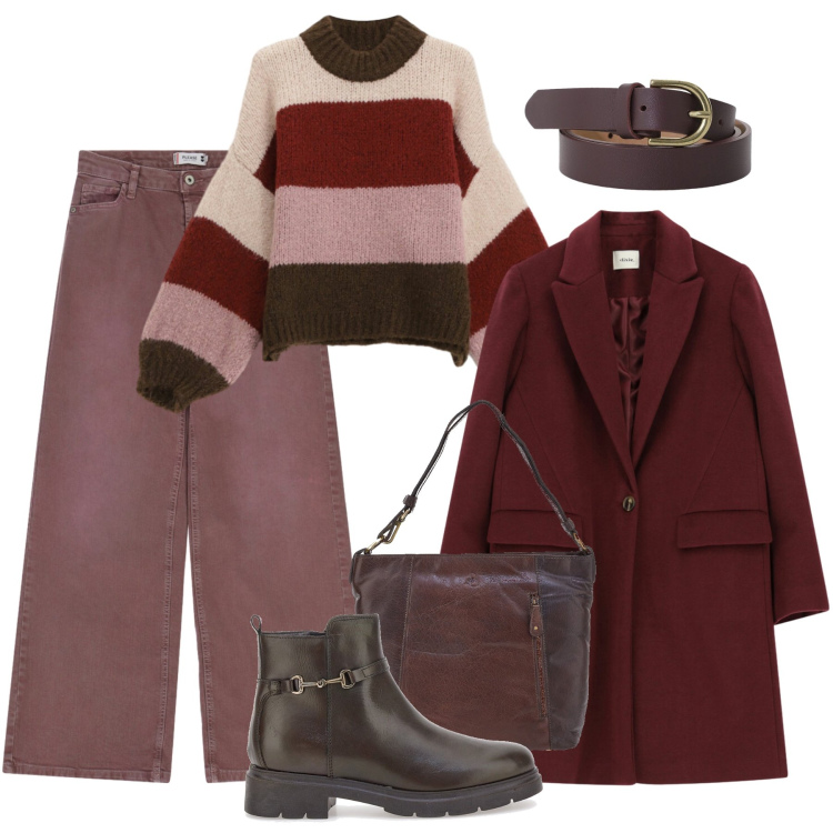 Outfit donna - Maglione avvolgente. Stile Casual per Tutti i giorni. Abbinamento con pantaloni a palazzo, cinture, cappotti, maglieria, stivaletti, borse a spalla.