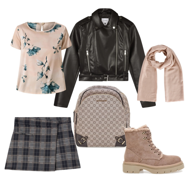 Outfit donna - Passeggiata in centro. Stile Casual chic per Tutti i giorni. Abbinamento con foulard, giacche, minigonne, bluse, zaini, anfibi.