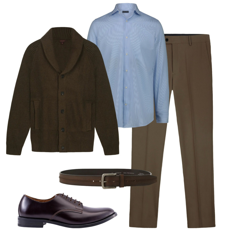 Outfit uomo - Gennaio. Stile Urban per Tutti i giorni. Abbinamento con cinture, cardigans, pantaloni, scarpe stringate, camicie.