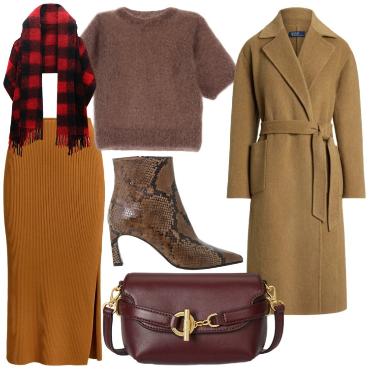 Outfit donna - Elegantemente Glamour. Stile Glamour per Tutti i giorni. Abbinamento con t-shirt, stivaletti, gonne, borse a tracolla, cappotti, sciarpe.