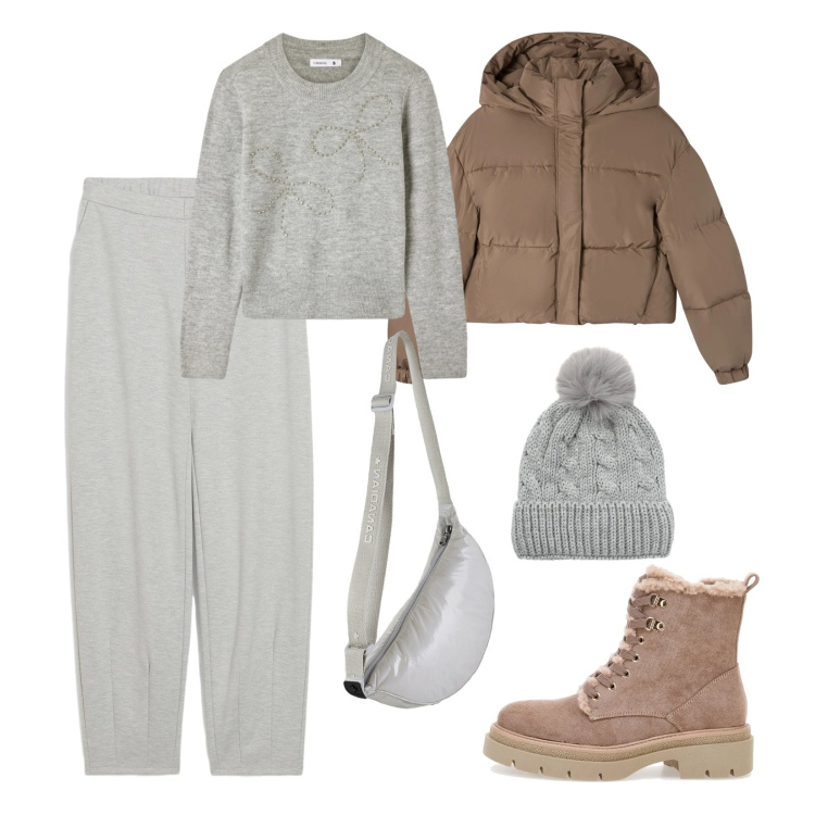 Outfit donna - Grigio chiaro. Stile Urban per Scuola/Università. Abbinamento con pantaloni, bomber, maglieria, berretti, borse a tracolla, anfibi.