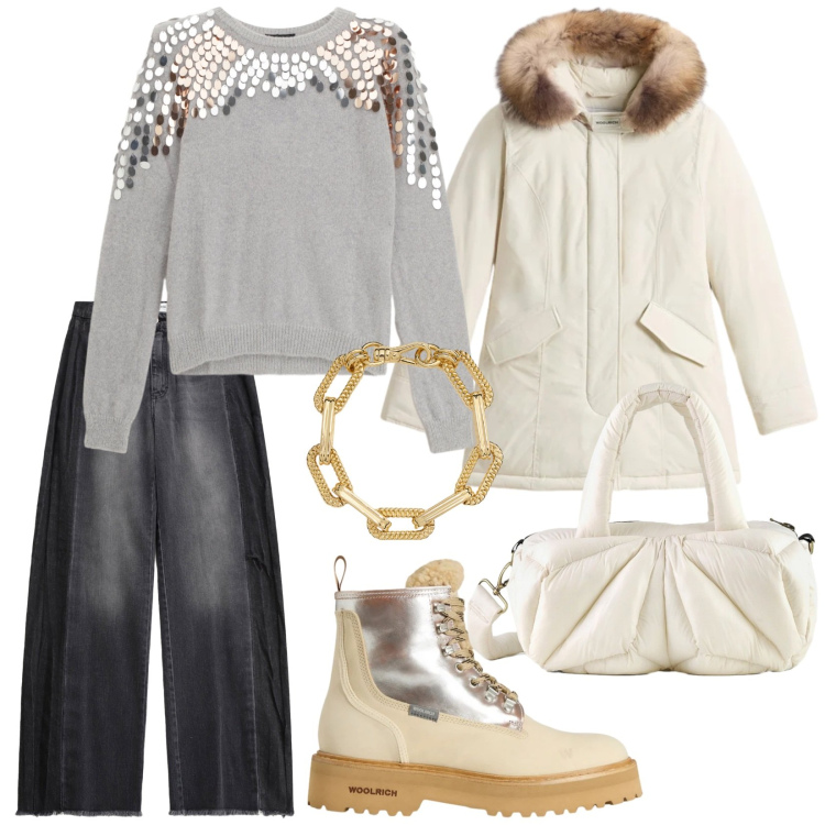 Outfit donna - Maglioni. per Tutti i giorni. Abbinamento con jeans, braccialetti, pullovers, borse a mano, anfibi, parka.