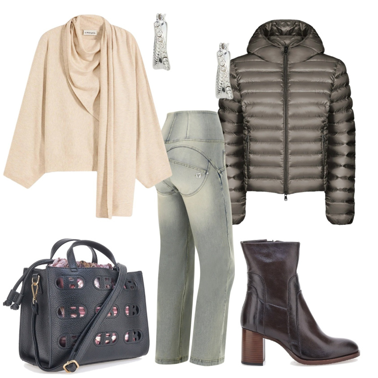 Outfit donna - Total look #2311803. Stile Casual chic per Ufficio. Abbinamento con maglieria, jeans, orecchini, bomber, borse a mano, stivaletti.