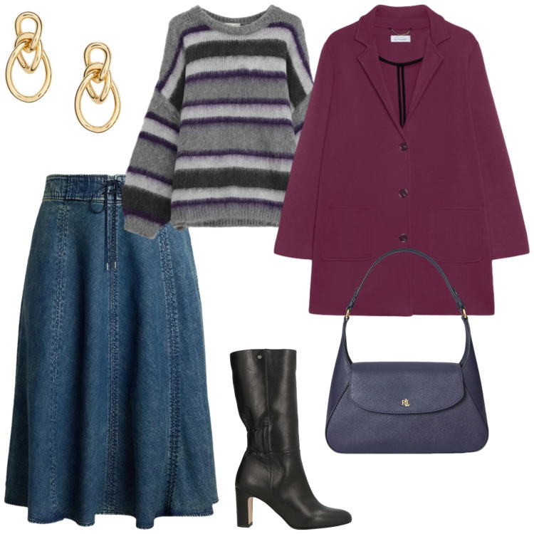 Outfit donna - Maglioni. per Tutti i giorni. Abbinamento con stivali, maglieria, gonne, borse a spalla, orecchini, cappotti.