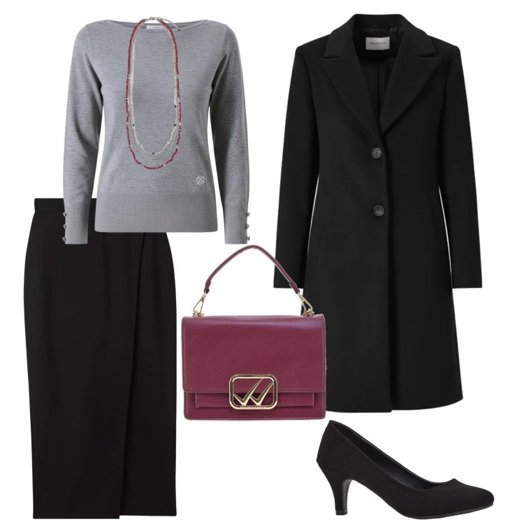 Outfit donna - Il cappotto nero. per Serata fuori. Abbinamento con décolleté, gonne longuette, cappotti, maglieria, collane, borse a tracolla.