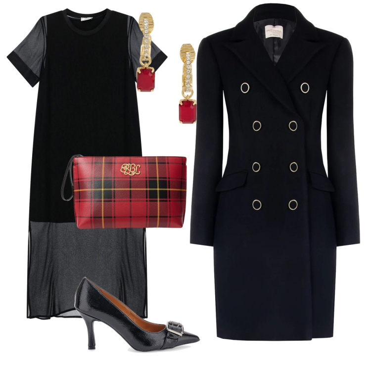 Outfit donna - Il cappotto nero. per Serata fuori. Abbinamento con orecchini, pochette, vestiti midi/longuette, cappotti, décolleté.