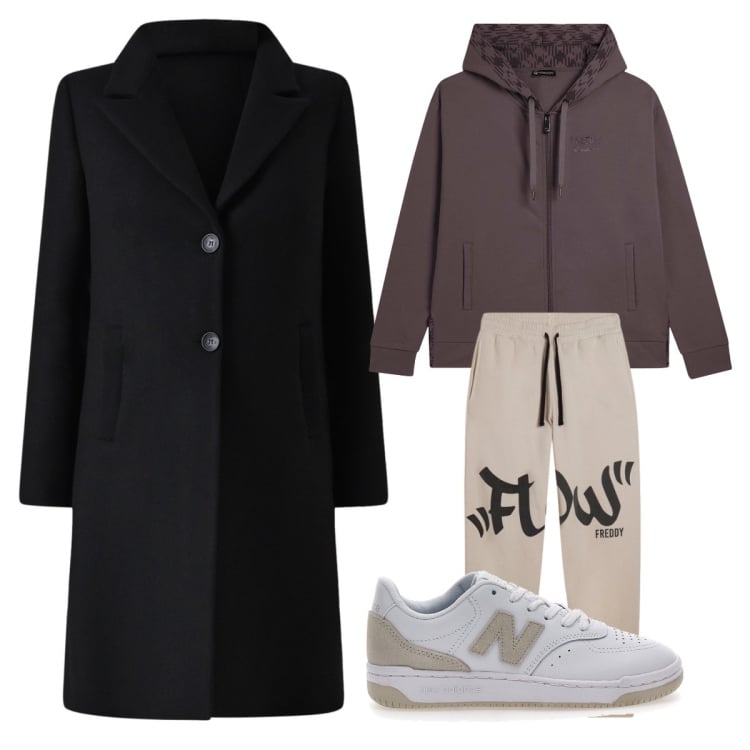 Outfit donna - Cappotto nero a gennaio. Stile Sporty chic per Tutti i giorni. Abbinamento con cappotti, felpe con cappuccio, pantaloni, sneakers.