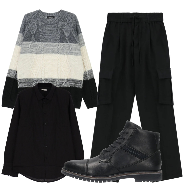 Outfit uomo - Total look #2311814. Stile Casual per Tutti i giorni. Abbinamento con camicie, pantaloni cargo, maglieria, anfibi.