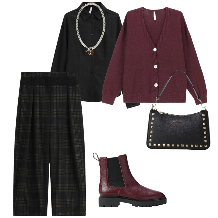 Outfit donna - Imperial. per Ufficio. Abbinamento con pochette, cardigans, camicie, pantaloni a palazzo, ciondoli, stivaletti chelsea.