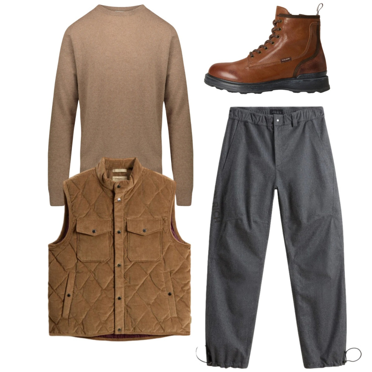 Outfit uomo - Gennaio in lana. Stile Casual per Tutti i giorni. Abbinamento con pantaloni, gilet, anfibi, maglieria.