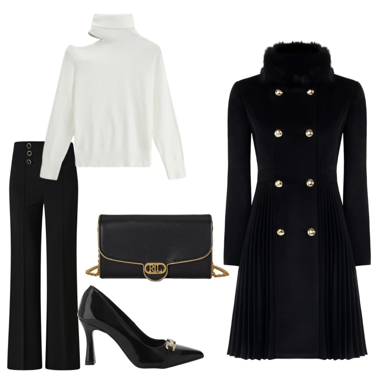Outfit donna - Eleganza con il cappotto nero. Stile Bon Ton per Ufficio. Abbinamento con décolleté, maglieria, pantaloni, cappotti, borse a tracolla.