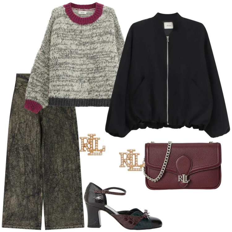 Outfit donna - Saldi. per Tutti i giorni. Abbinamento con orecchini, clutch, jeans, décolleté, bomber, maglieria.