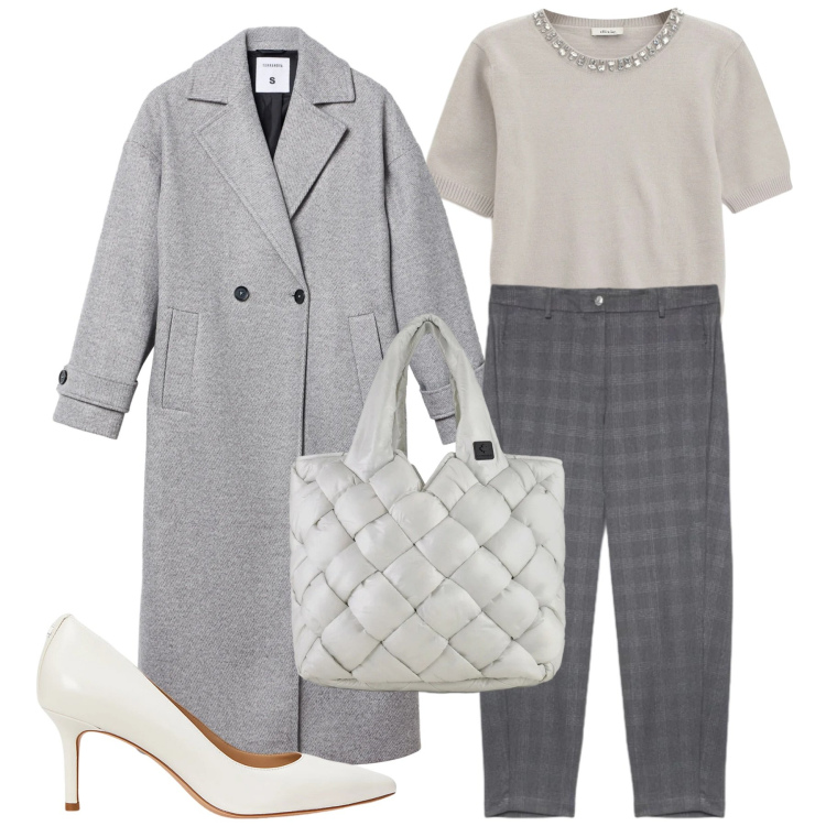 Outfit donna - Gennaio in grigio chiaro. Stile Bon Ton per Tutti i giorni. Abbinamento con cappotti, décolleté, maglieria, borse tote, pantaloni.