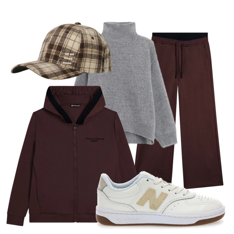 Outfit donna - Confortevole Inverno. Stile Sporty chic per Sport. Abbinamento con cappelli con visiera, maglieria, felpe con cappuccio, pantaloni, sneakers.