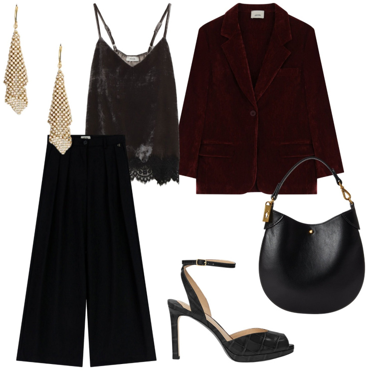Outfit donna - Dixie. per Serata fuori. Abbinamento con top, blazer, pantaloni a palazzo, pochette, orecchini, sandali in pelle.