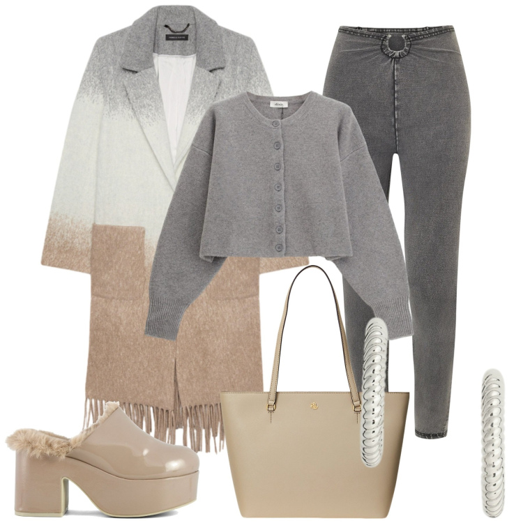 Outfit donna - Soft grey. Stile Casual chic per Tutti i giorni. Abbinamento con jeggings, borse tote, orecchini, cardigans, cappotti, sabot.