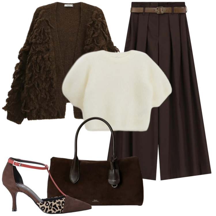Outfit donna - Morbido e trendy. Stile Glamour per Ufficio. Abbinamento con cardigans, t-shirt, borse a mano, décolleté, pantaloni a palazzo.