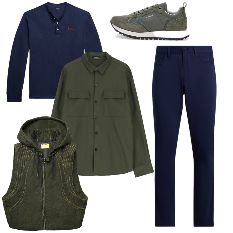 Outfit uomo - Layering d’inverno. Stile Casual per Tutti i giorni. Abbinamento con gilet, camicie, pantaloni, t-shirt, sneakers.