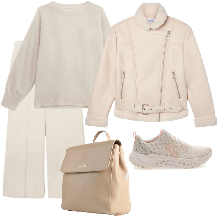 Outfit donna - Panna e burro. Stile Casual chic per Tutti i giorni. Abbinamento con zaini, bomber, maglieria, sneakers, pantaloni chino.