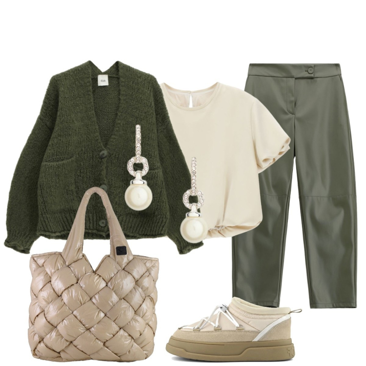 Outfit donna - Per l’appuntamento scelgo burro e salvia. Stile Trendy per Tutti i giorni. Abbinamento con camicie a manica corta, pantaloni, cardigans, orecchini, borse tote, stivaletti.