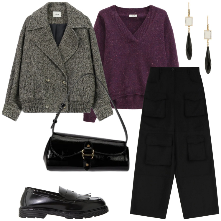 Outfit donna - Semplice. per Scuola/Università. Abbinamento con mocassini, pantaloni a palazzo, maglieria, cappotti, borse a spalla, orecchini.