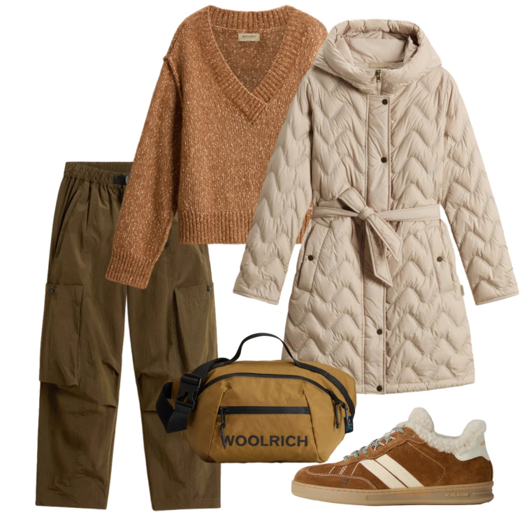 Outfit donna - Saldi Invernali Woolrich. Stile Casual per Tutti i giorni. Abbinamento con borse a tracolla, sneakers, pantaloni cargo, maglieria, parka.