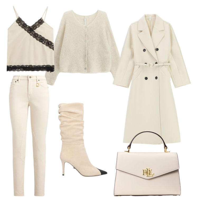 Outfit donna - Total look toni chiari. Stile Casual chic per Tutti i giorni. Abbinamento con stivali, cappotti, cardigans, jeans skinny, borse a mano, top.