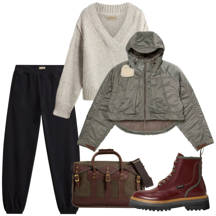 Outfit donna - Saldi Invernali Woolrich. Stile Casual per Tutti i giorni. Abbinamento con borse a tracolla, maglieria, anfibi, blazer, pantaloni.
