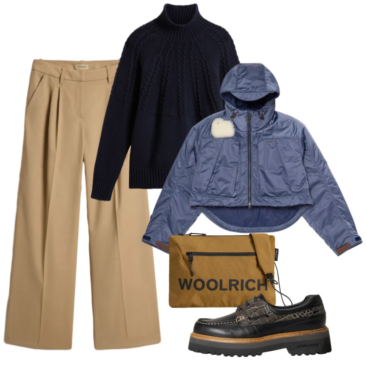 Outfit donna - Saldi Invernali Woolrich. Stile Casual per Tutti i giorni. Abbinamento con borse a tracolla, pantaloni, maglieria, blazer, mocassini.