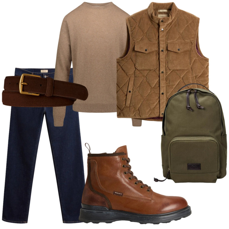 Outfit uomo - Si rietra. per Tutti i giorni. Abbinamento con cinture, borse sportive, gilet, anfibi, pantaloni, maglieria.