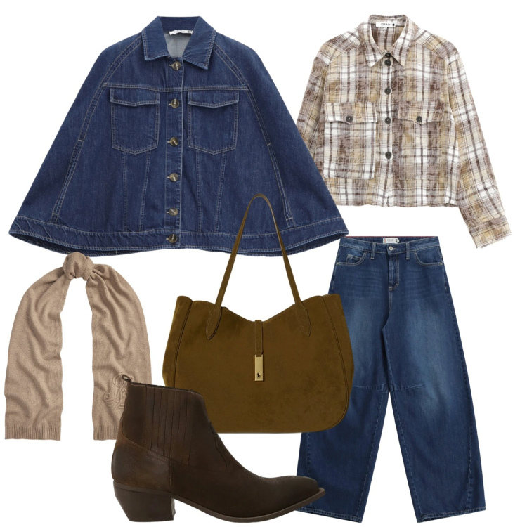 Outfit donna - Please - Saldi FW 2025. Stile Minimal per Tutti i giorni. Abbinamento con camicie, blazer, jeans, stivaletti, sciarpe, borse tote.