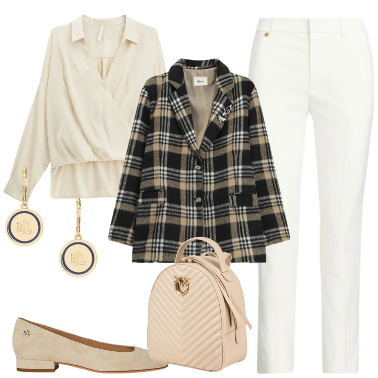 Outfit donna - Total look #2311893. Stile Casual chic per Ufficio. Abbinamento con zaini, camicie, blazer, orecchini, pantaloni, ballerine.