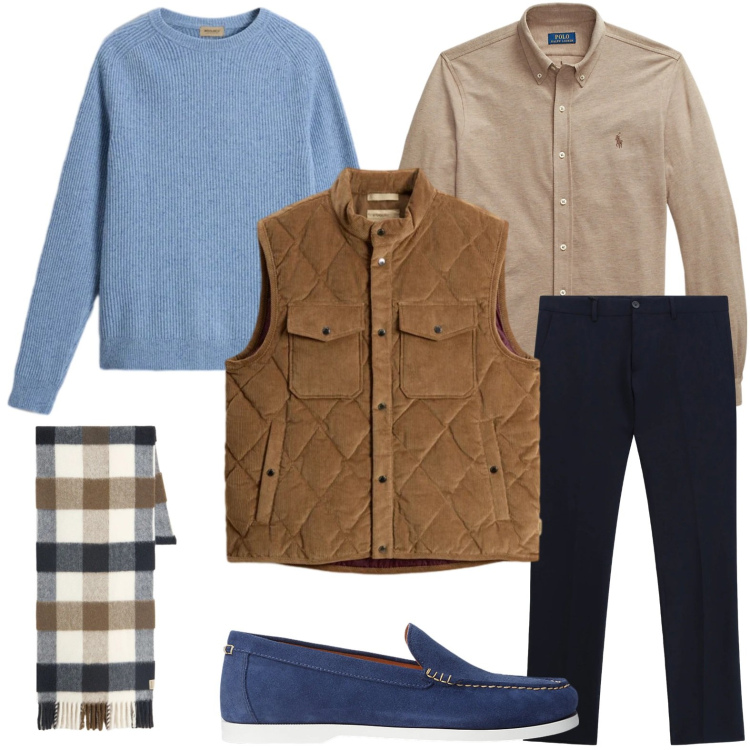 Outfit uomo - Il gilet perfetto. Stile Trendy per Ufficio. Abbinamento con pantaloni, scarpe stringate, camicie, maglieria, gilet, sciarpe.