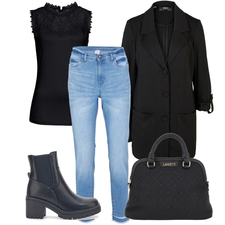 Outfit donna - My black. Stile Casual chic per Tutti i giorni. Abbinamento con jeans, blazer, top, borse a spalla, stivaletti.