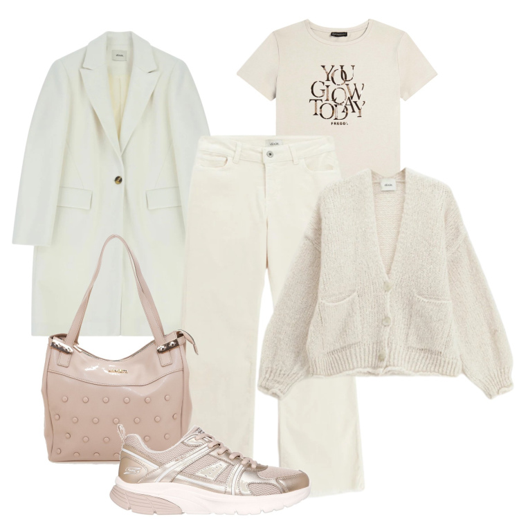 Outfit donna - Nuance chiare in città. Stile Urban per Tutti i giorni. Abbinamento con cappotti, pantaloni, cardigans, t-shirt, sneakers, shopping bag.