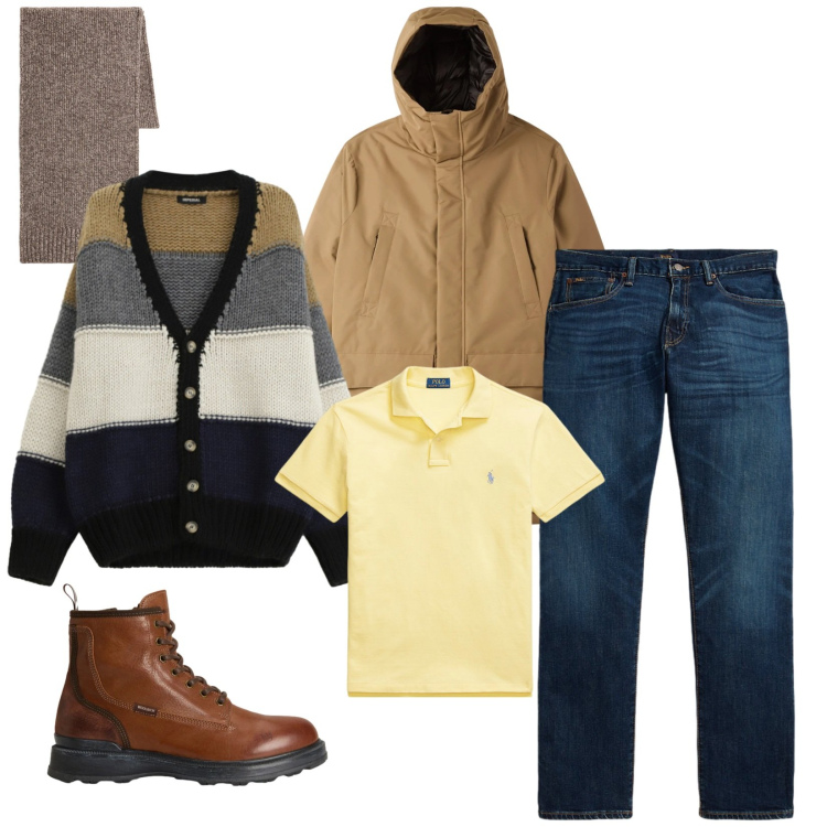 Outfit uomo - Total look #2311899. Stile Urban per Tutti i giorni. Abbinamento con parka, cardigans, polo, jeans dritti, sciarpe, anfibi.