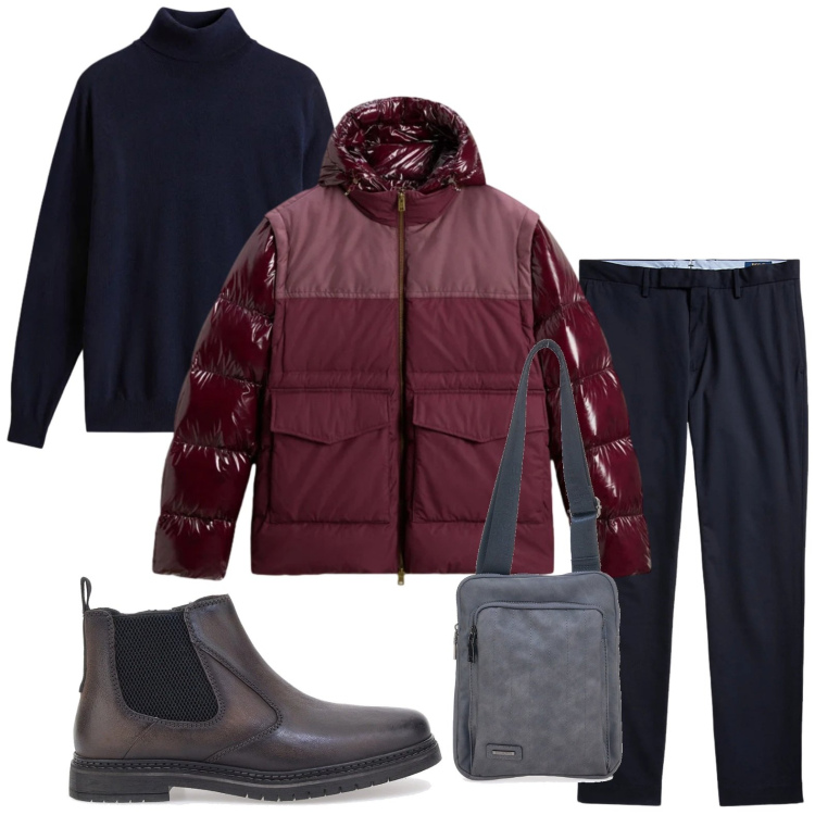 Outfit uomo - Il piumino urbano. Stile Trendy per Ufficio. Abbinamento con pantaloni chino, maglieria, piumini, stivali e stivaletti, portafogli.