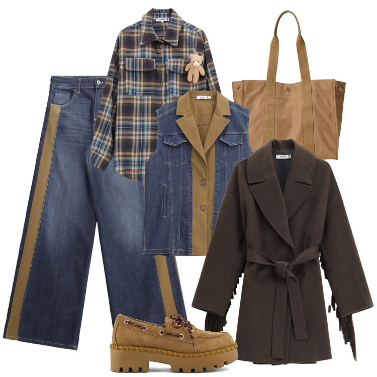Outfit donna - Layering Denim Please. Stile Boho per Tutti i giorni. Abbinamento con jeans a zampa, camicie, gilet, cappotti, borse tote, mocassini.