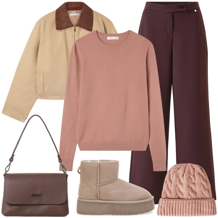 Outfit donna - Maglione confortevole. Stile Casual per Tutti i giorni. Abbinamento con maglieria, cappotti, berretti, borse a tracolla, pantaloni, sabot.