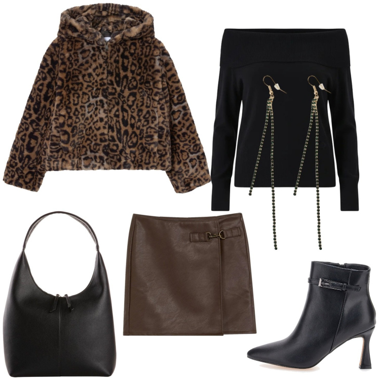 Outfit donna - Maglione con minigonna. Stile Sexy per Tutti i giorni. Abbinamento con shopping bag, gonne, ecopellicce, orecchini, pullovers, stivaletti.