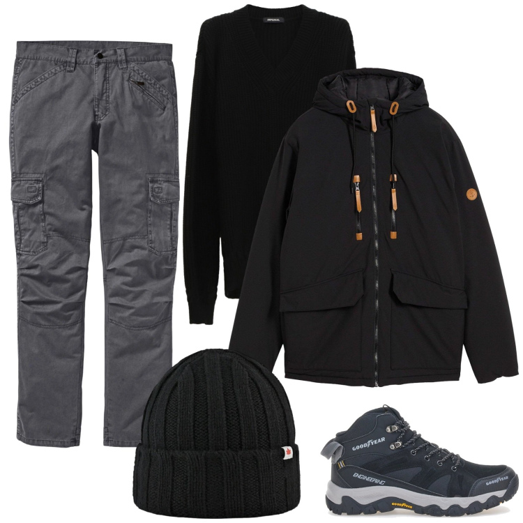 Outfit uomo - Pantaloni grigi cargo. Stile Trendy per Tutti i giorni. Abbinamento con pantaloni cargo, piumini, maglieria, cappelli, stivali e stivaletti.