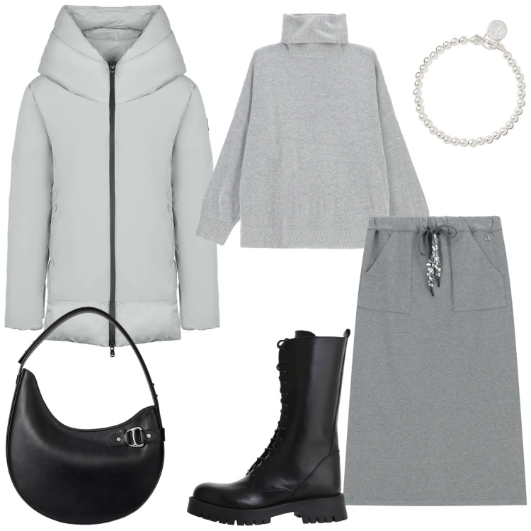 Outfit donna - Grigio perla, eleganza contemporanea. Stile Minimal per Ufficio. Abbinamento con maglieria, gonne lunghe, stivali, braccialetti, borse a spalla, piumini.