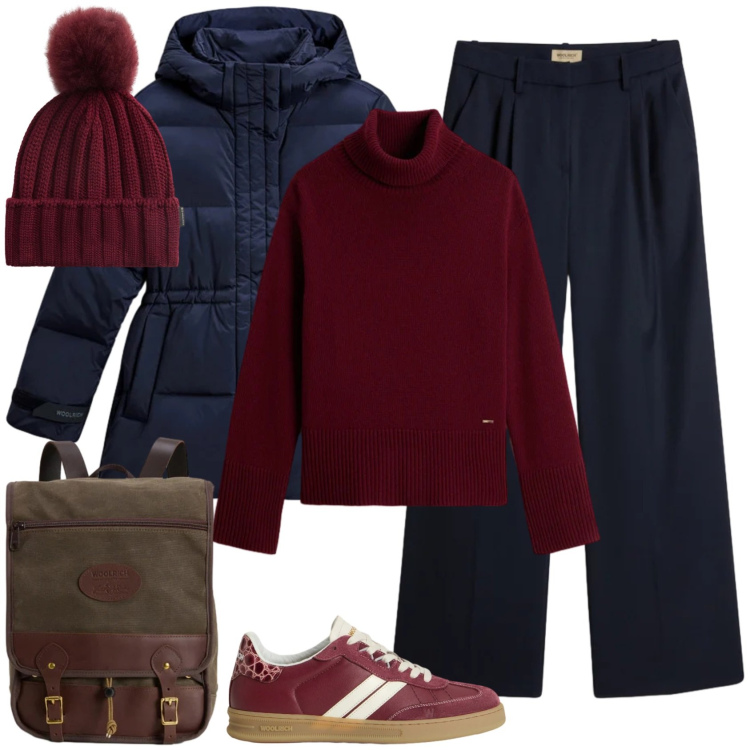 Outfit donna - Saldi woolrich blu e bordeaux.. Stile Casual chic per Tutti i giorni. Abbinamento con zaini, maglieria, piumini, sneakers, pantaloni, berretti.