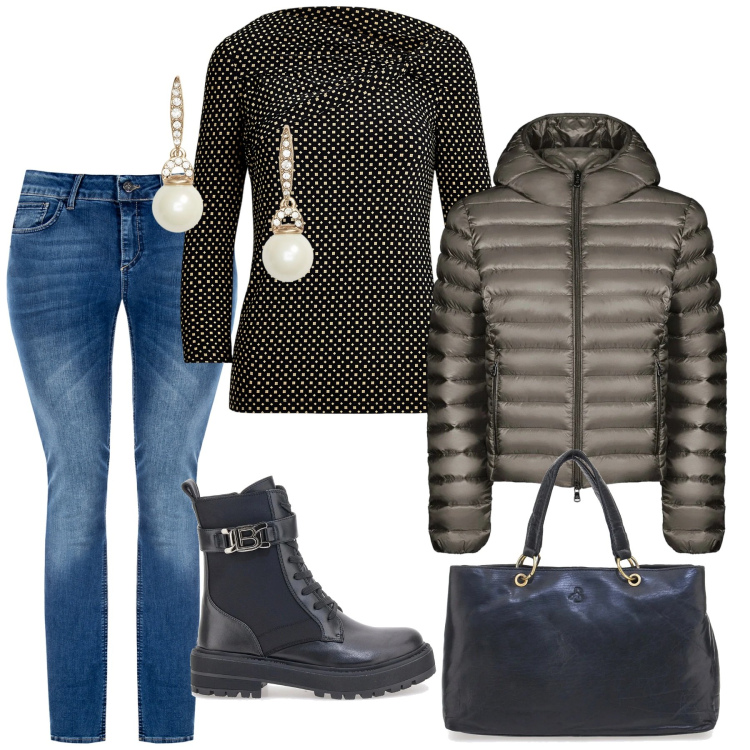 Outfit donna - Total look #2311926. Stile Sporty chic per Tutti i giorni. Abbinamento con orecchini, maglieria, bomber, jeans skinny, anfibi, borse a mano.