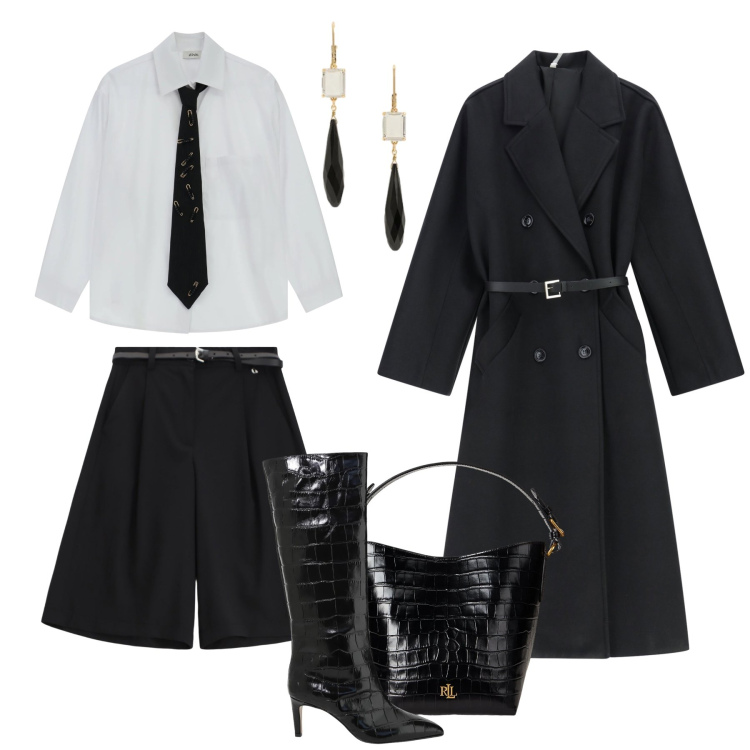 Outfit donna - Cappotto nero di sera - @laurafo. Stile Glamour per Serata fuori. Abbinamento con cappotti, camicie, stivali, shorts, borse a secchiello, orecchini.