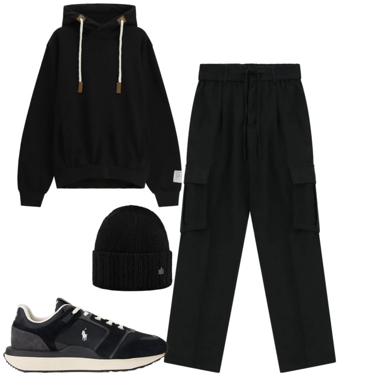 Outfit uomo - Sporty. Stile Casual per Tutti i giorni. Abbinamento con pantaloni cargo, felpe con cappuccio, sneakers, cappelli.