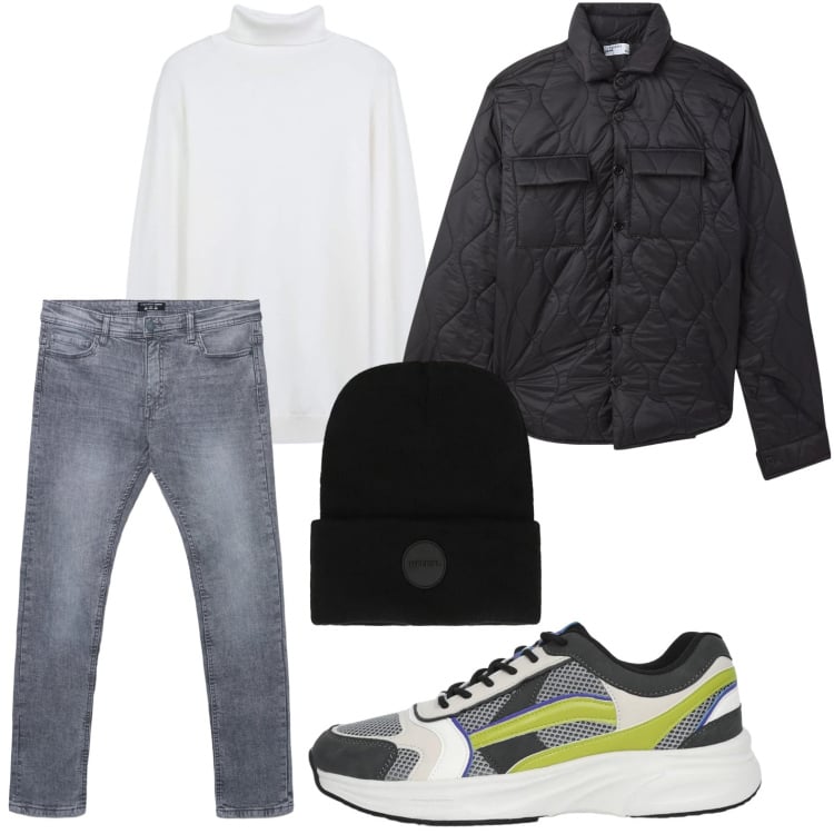 Outfit uomo - Look moderno. Stile Trendy per Tutti i giorni. Abbinamento con jeans skinny, maglieria, sneakers, giacche, berretti.